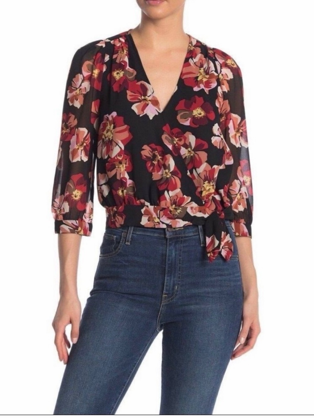 Madewell Floral Wrap Blouse - Black with Red Floral
